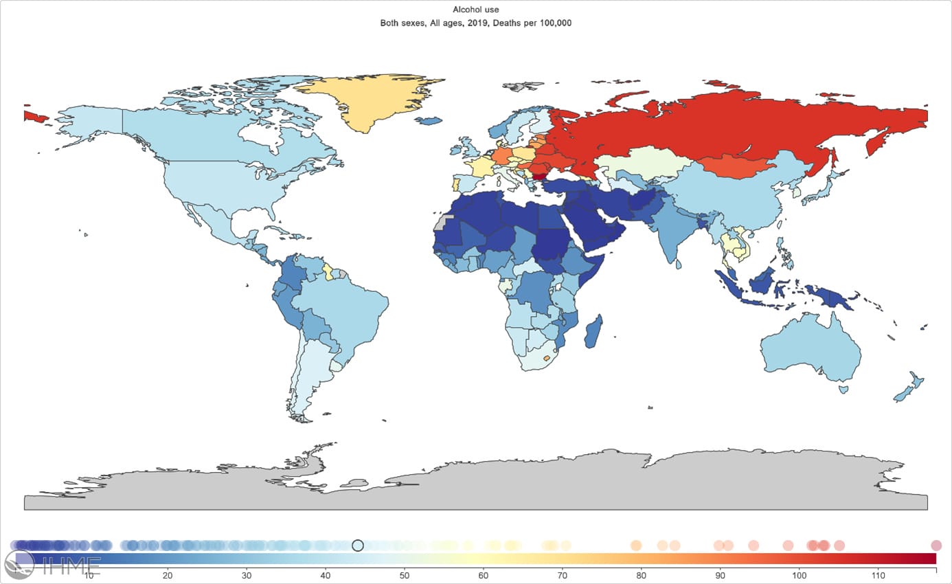 Alcoholgerelateerde sterfte per 100.000 inwoners, wereldwijd, in 2019.
Bron afbeelding: VizHub - GBD Compare (healthdata.org)