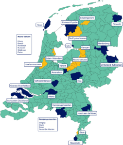 Overzicht van de deelnemende gemeenten aan Opgroeien in een Kansrijke Omgeving. 