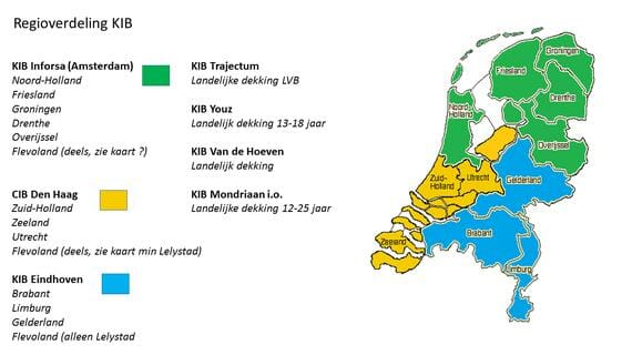Kaart van Nederland met locatie en verzorgingsgebieden KIB